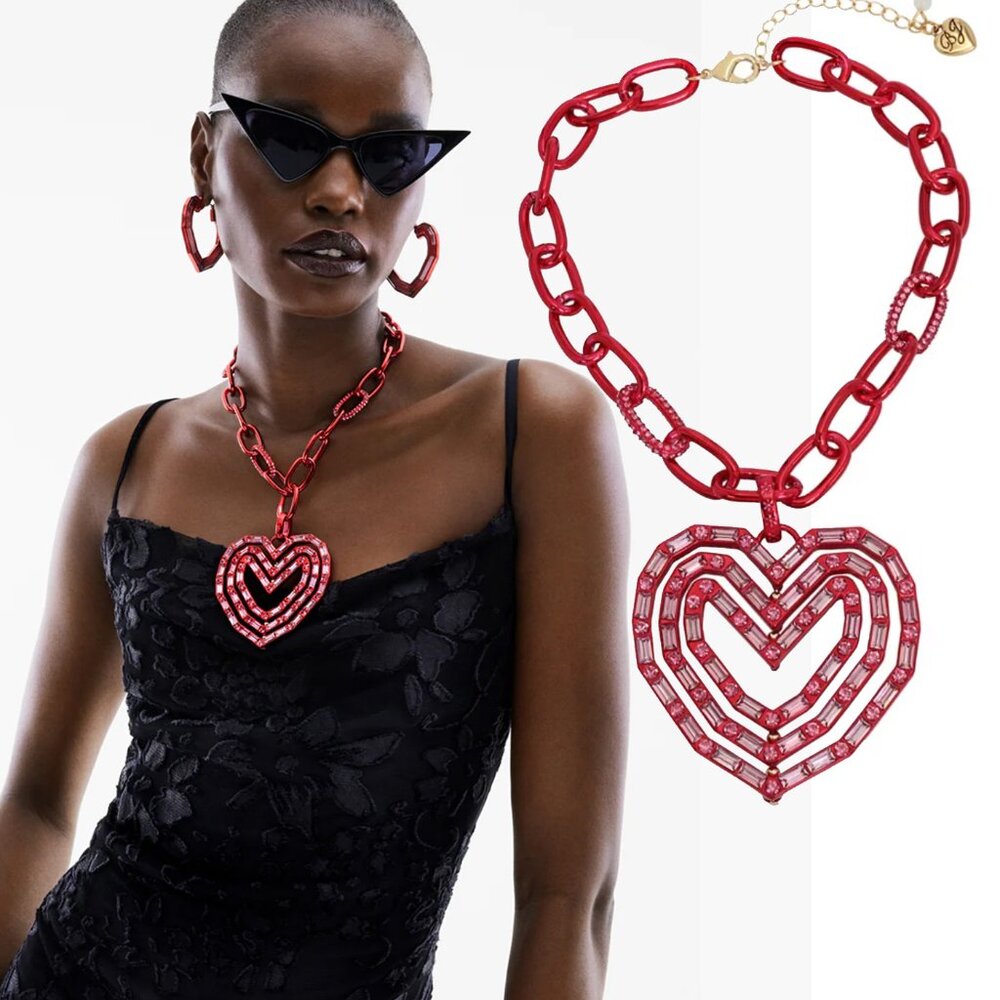 BETSEY JOHNSON NECKLACE LOOK INTO YOUR HEART BAGUETTE PENDANT VIBRANT RED